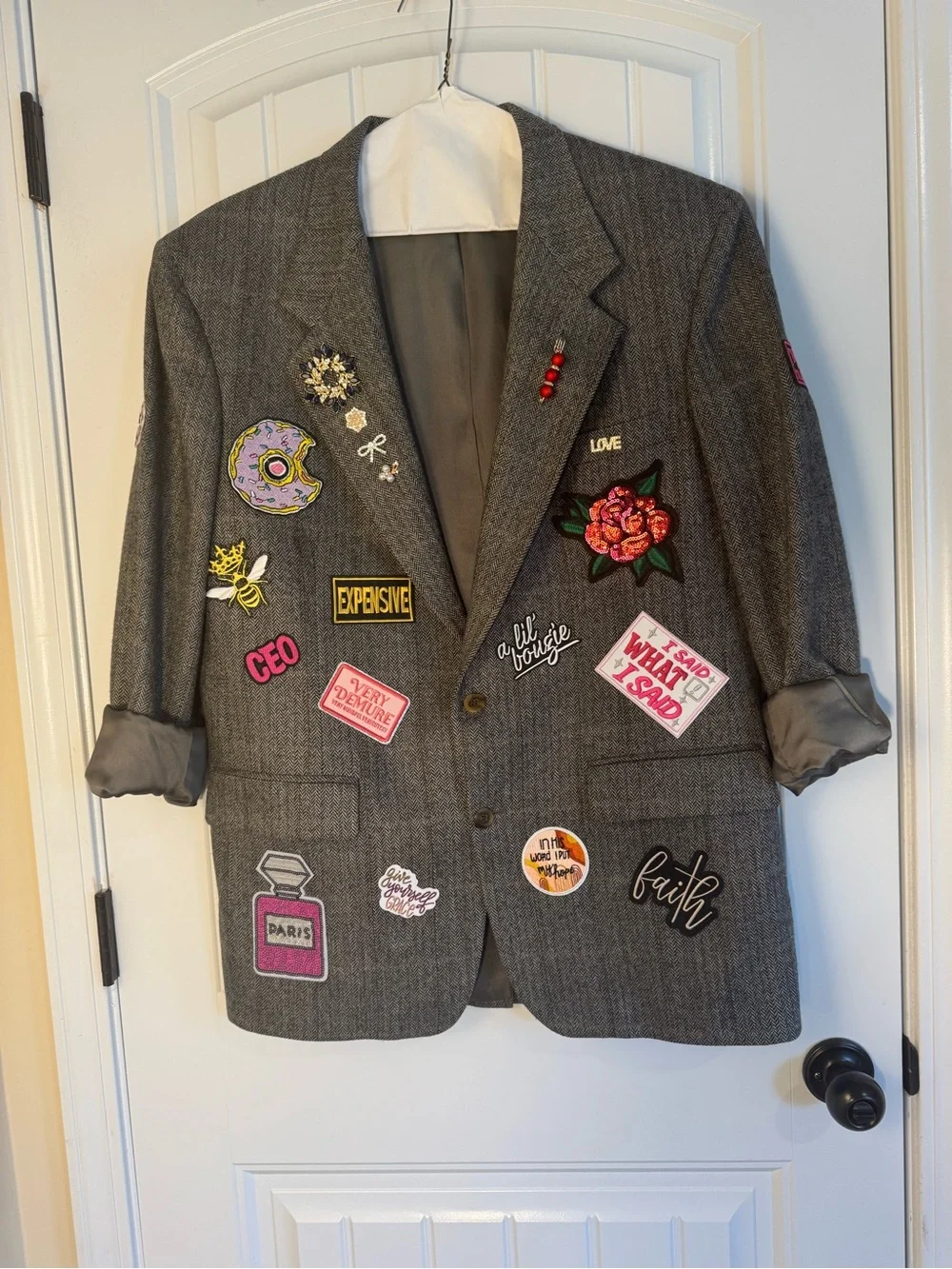 Vintage Upcycled Blazer with Colorful Patches and Jewels